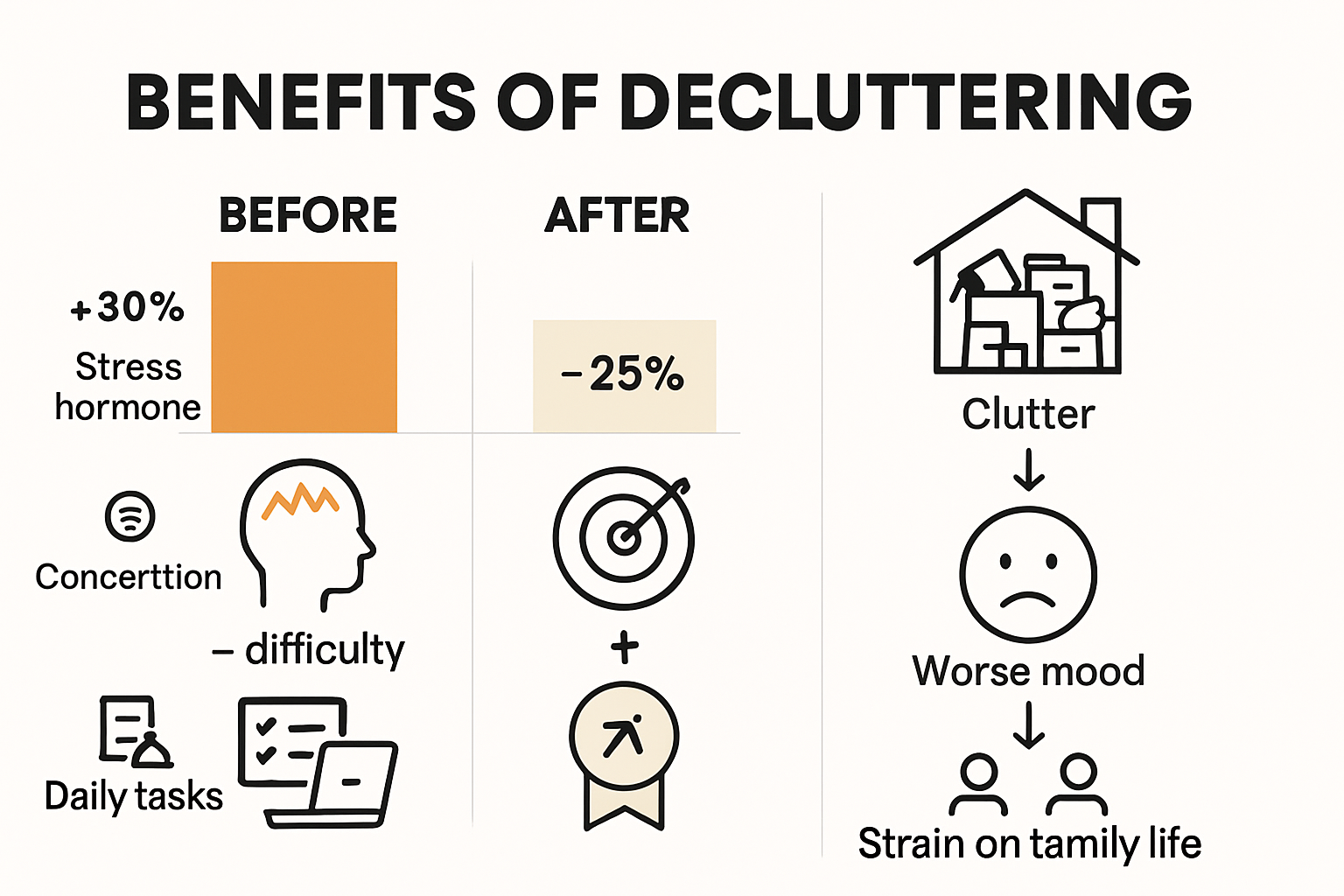 Infographic showing mental health impacts of clutter and benefits of organization