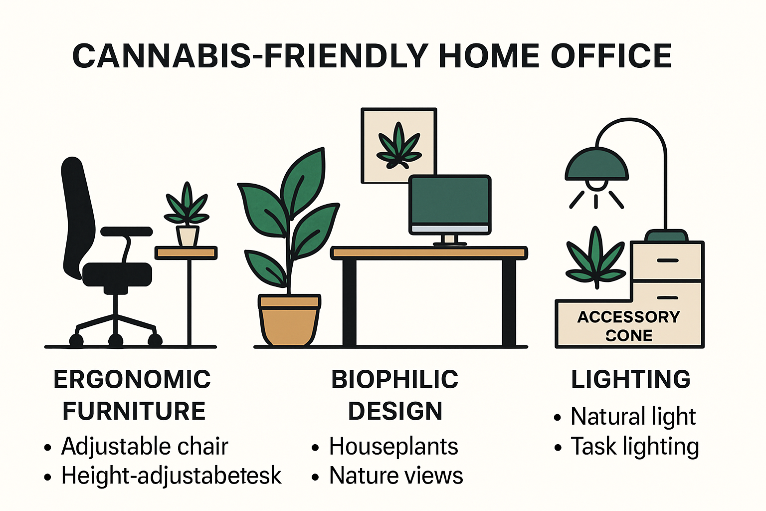 Cannabis-friendly ergonomic office setup infographic