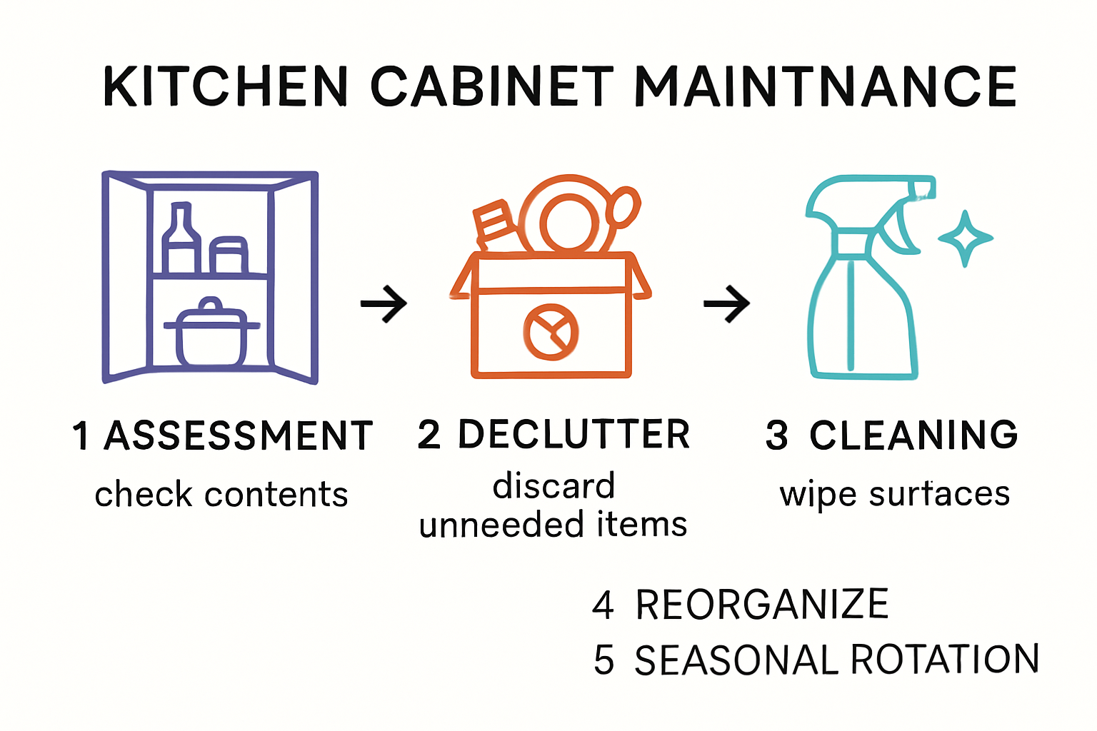 Five-step kitchen cabinet organization maintenance infographic