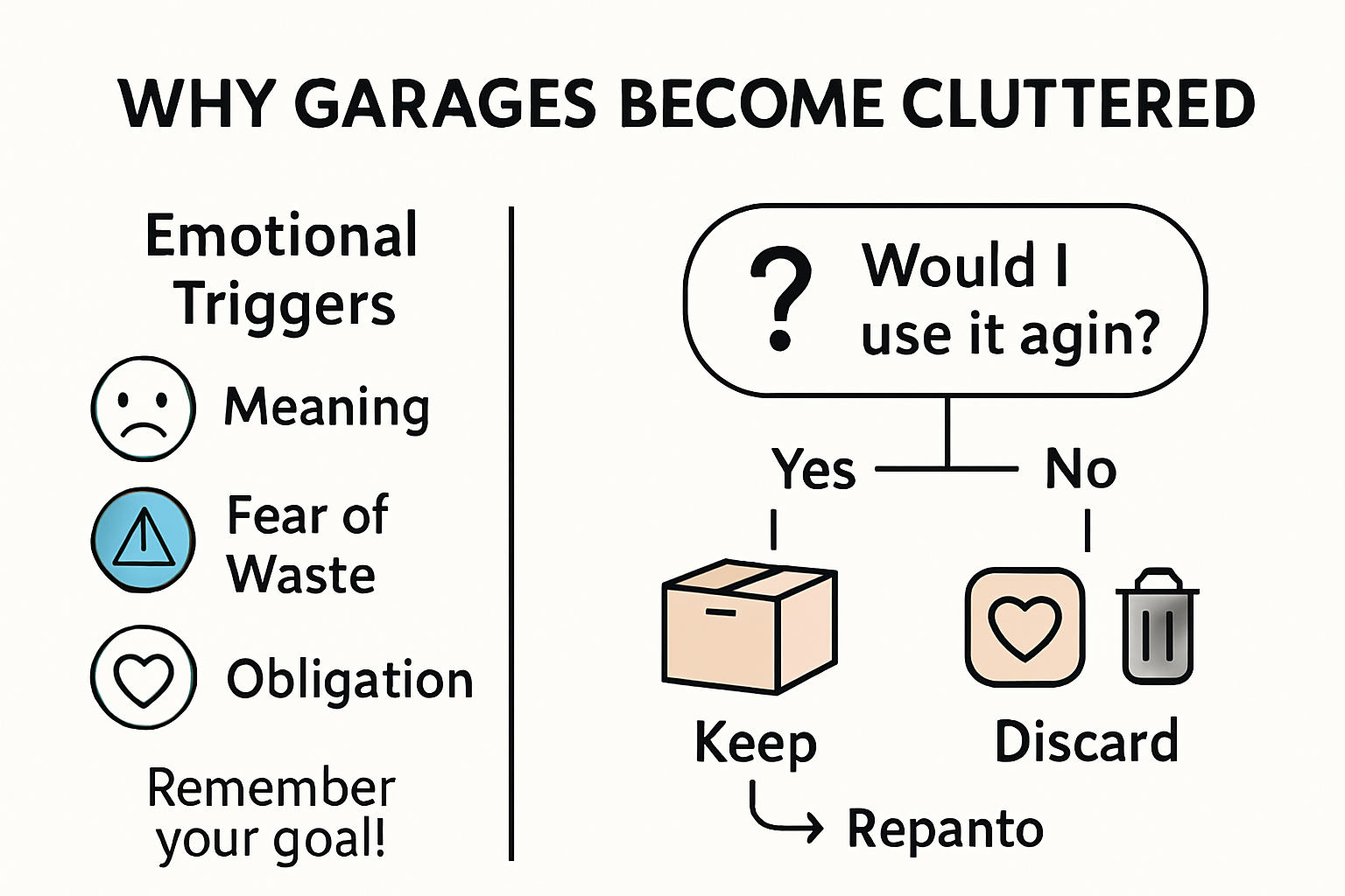 Infographic showing reasons for garage clutter and decision steps