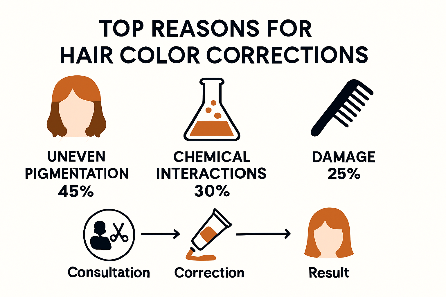 Infographic showing reasons for hair color corrections and process overview