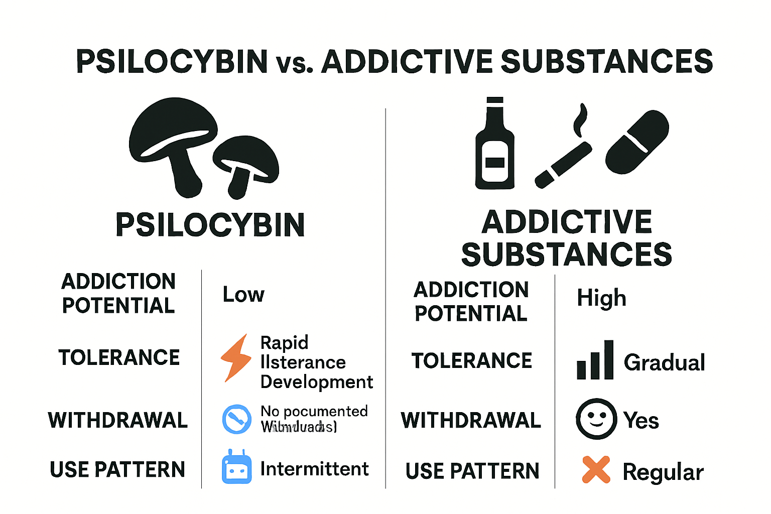 Psilocybin vs. addictive substances infographic comparison