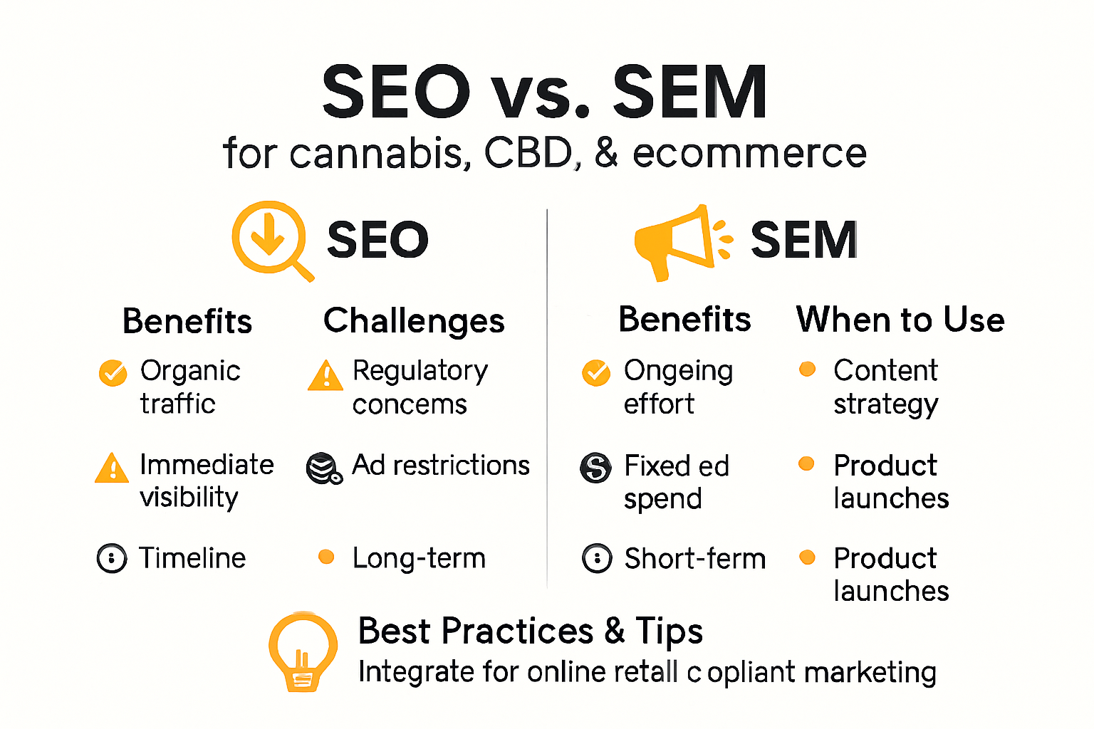SEO vs SEM cannabis ecommerce comparison infographic