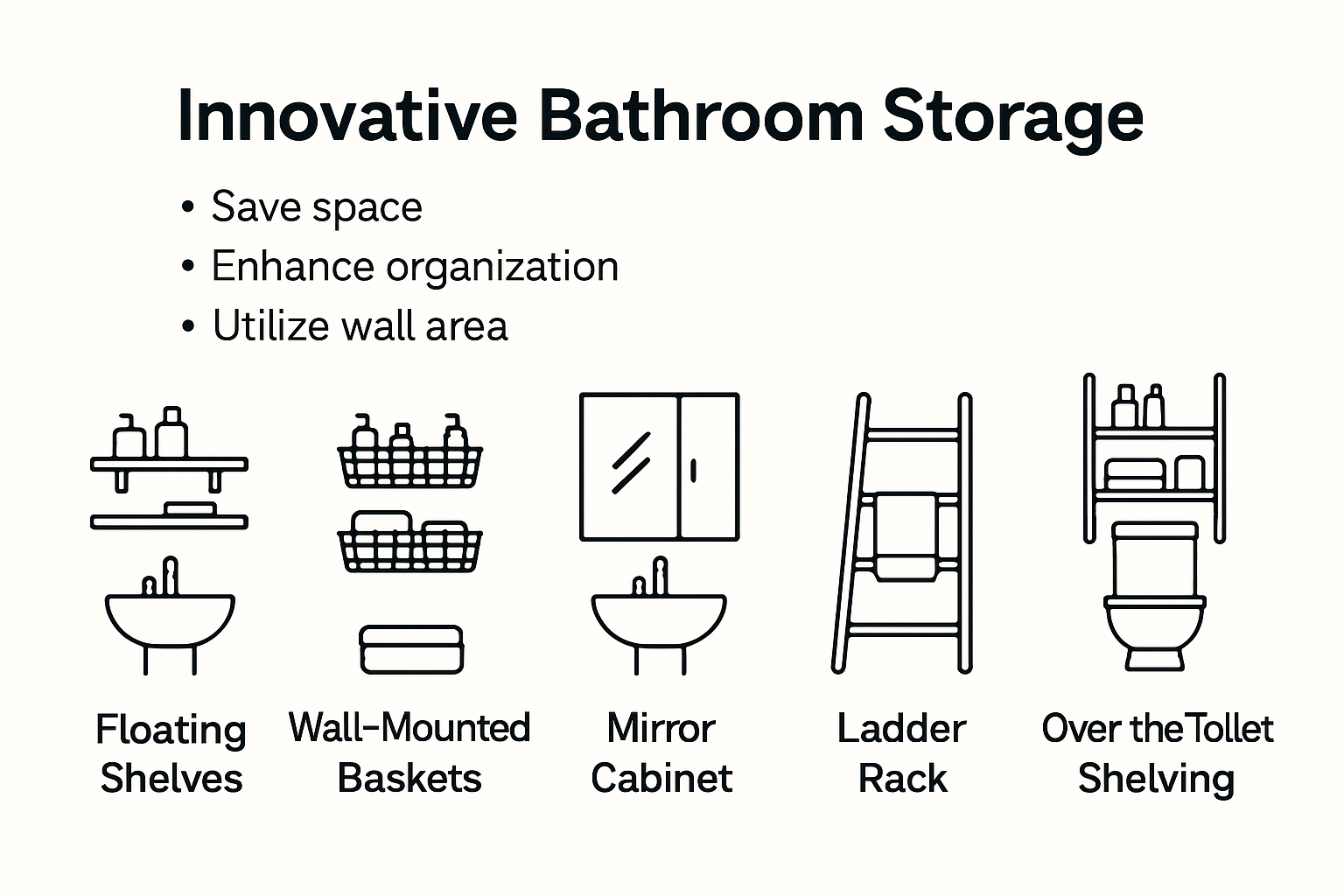 Infographic showing modern bathroom storage ideas and their placements
