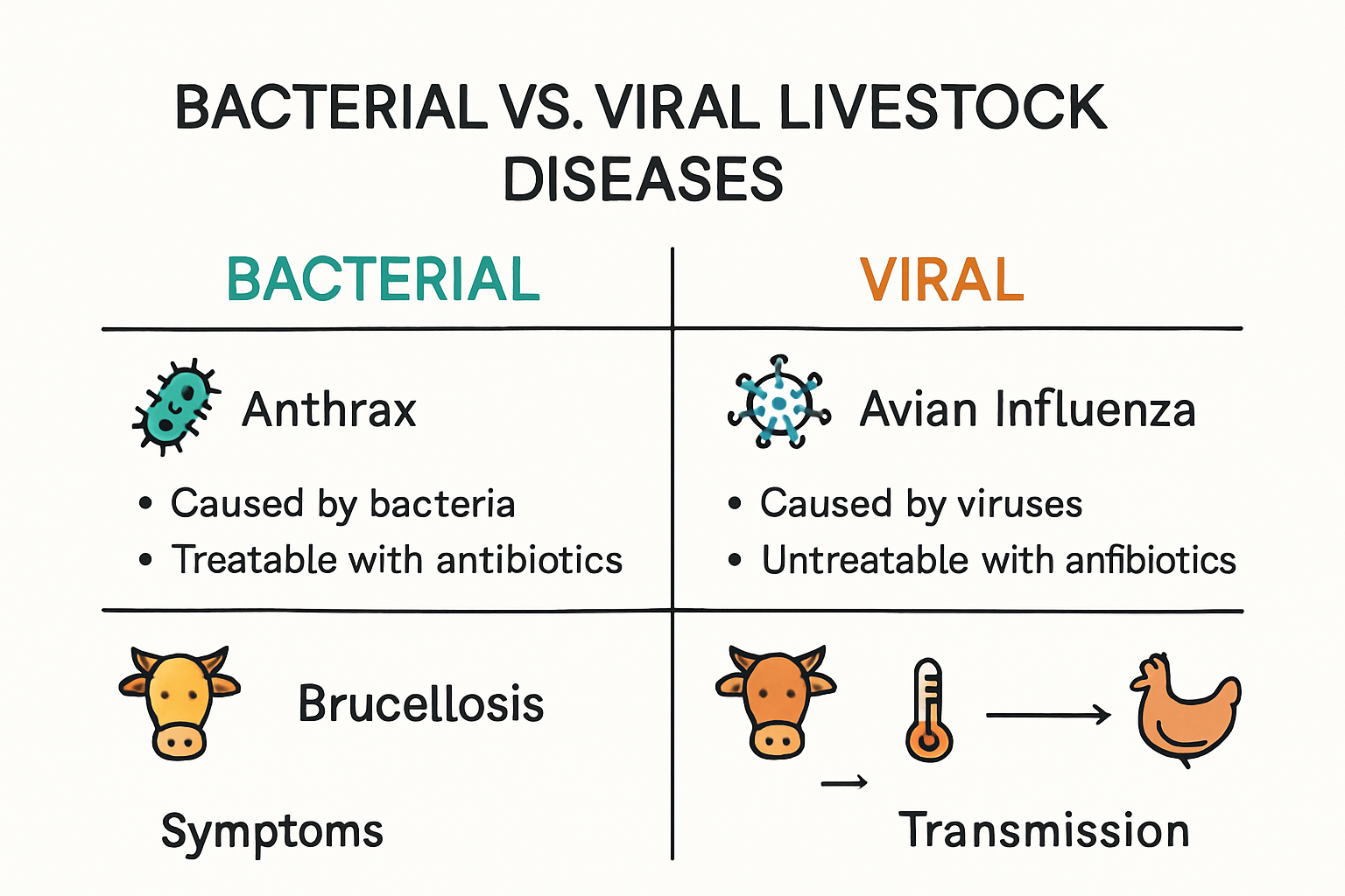 Infographic contrasting bacterial and viral livestock diseases