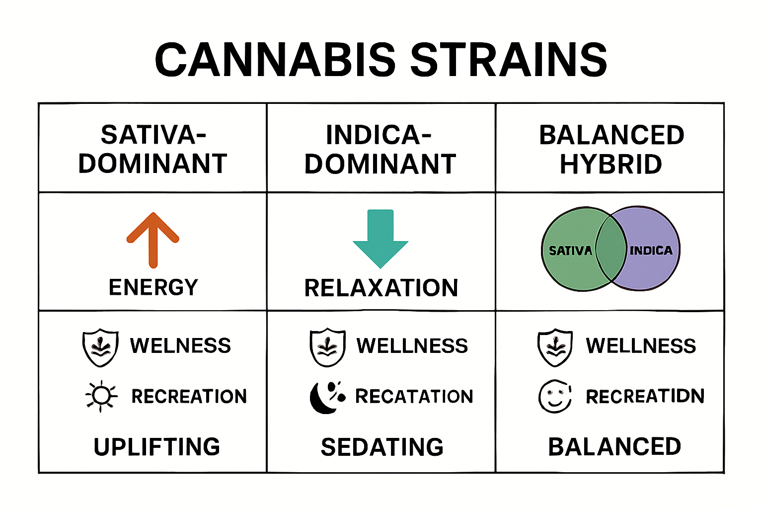 Infographic comparing hybrid cannabis strain types and effects