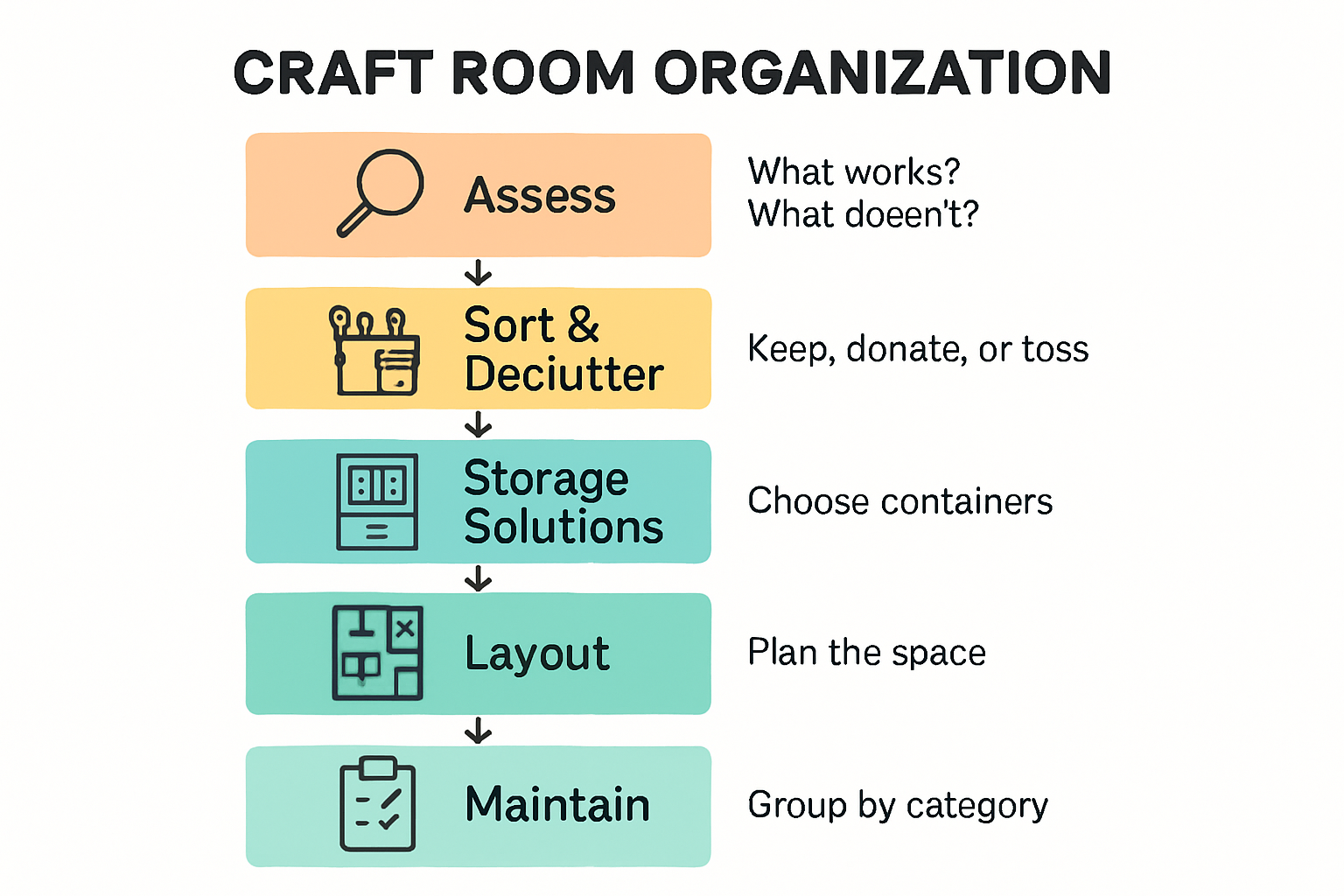Craft room organization process step-by-step infographic
