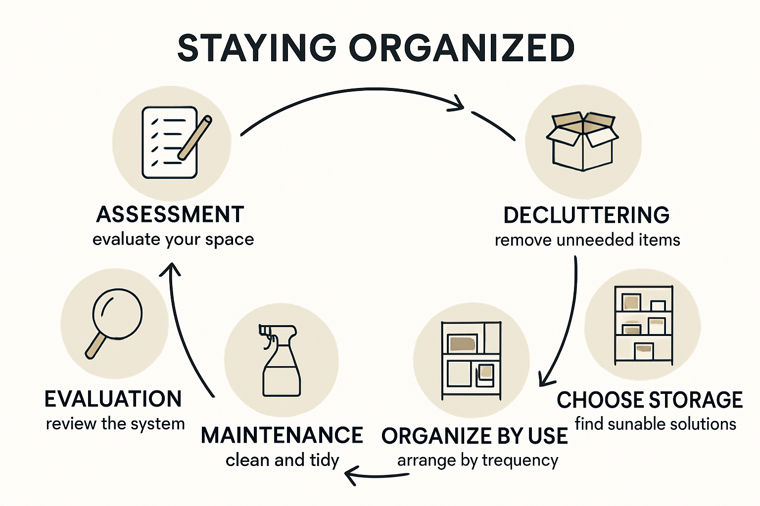 Infographic visualizing six steps to keep organized at home