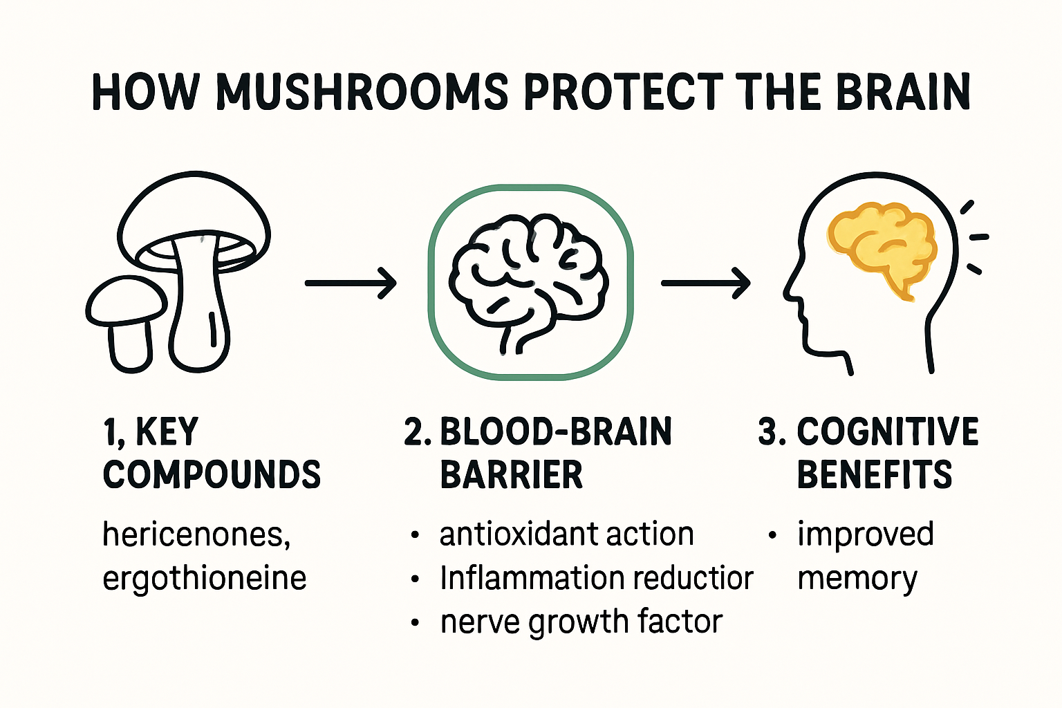 Infographic showing how mushrooms protect brain function