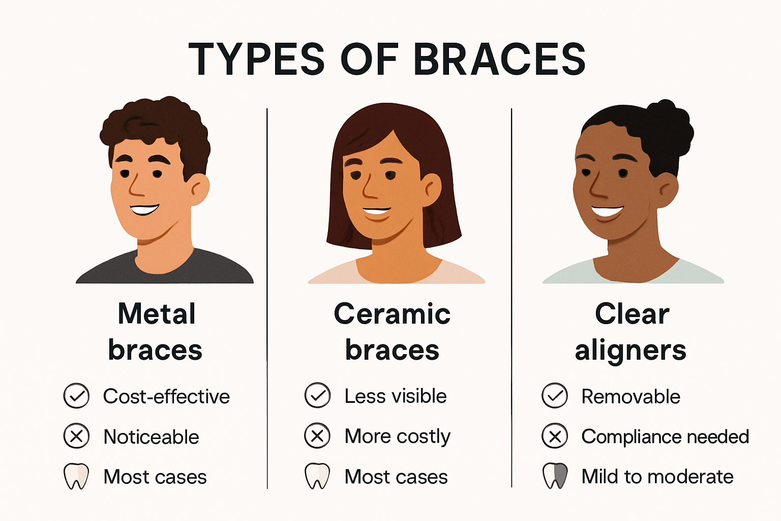 Comparison of metal, ceramic, and clear aligner braces
