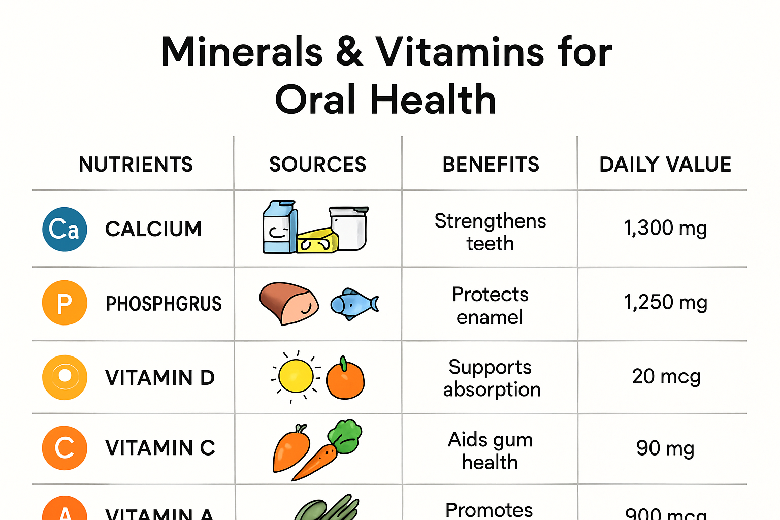 Infographic comparing minerals, vitamins, and oral health benefits