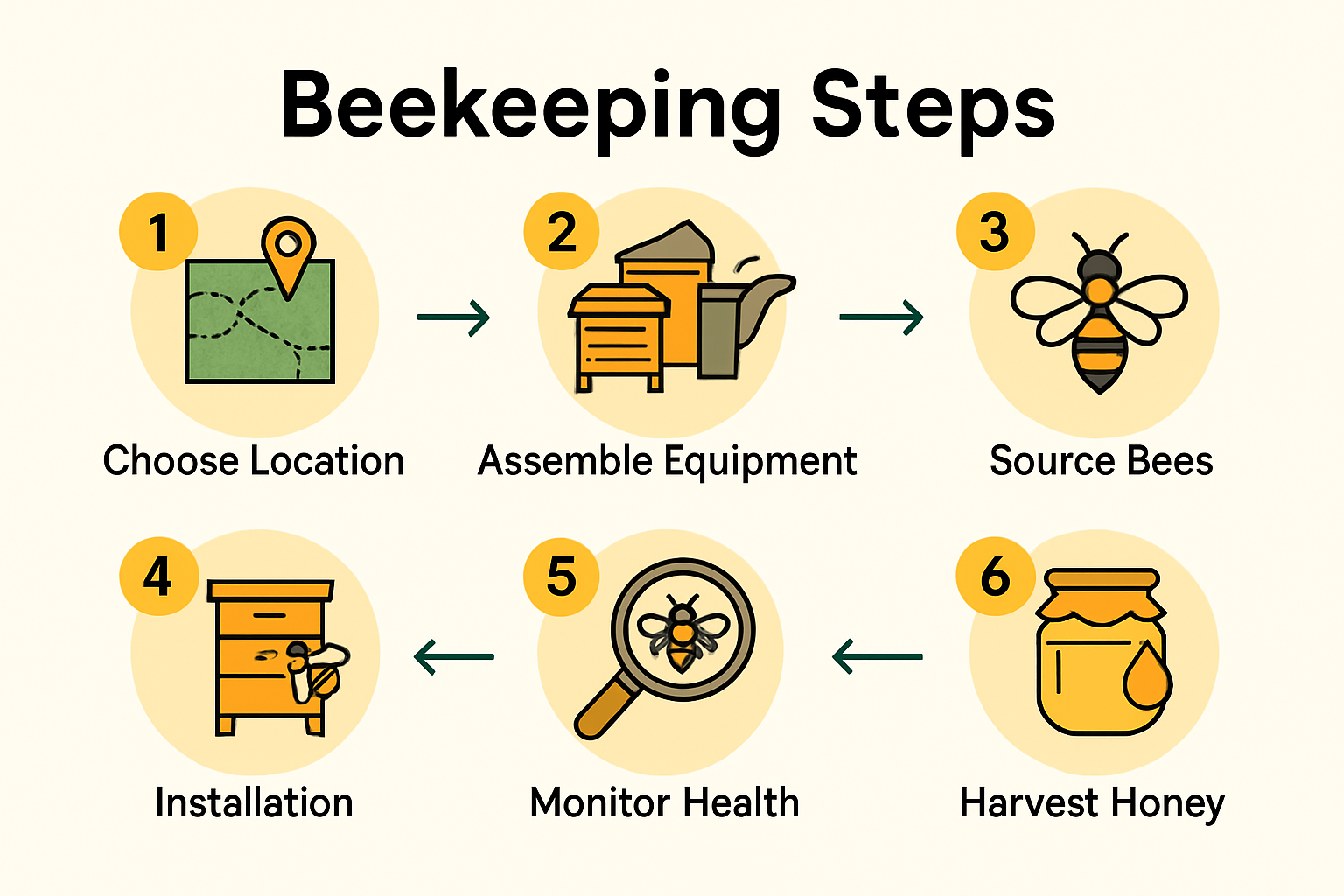 Six-step beginner beekeeping process flow infographic