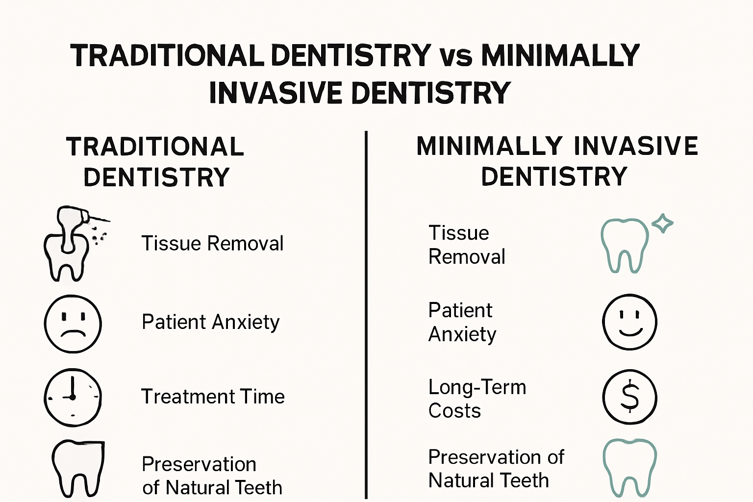 Infographic comparing traditional vs. minimally invasive dentistry across five categories.