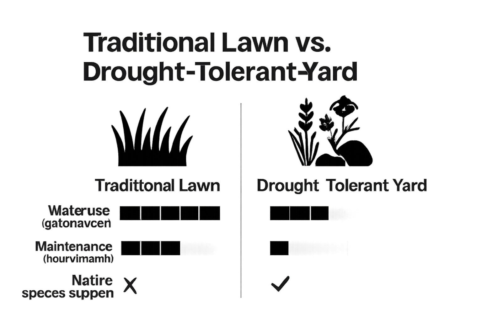 Infographic comparing traditional lawns and drought tolerant landscaping for water use, maintenance, and native species support