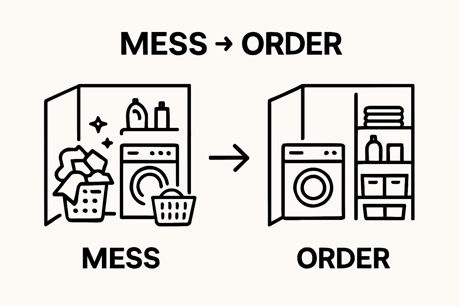 Before and after organized laundry room comparison