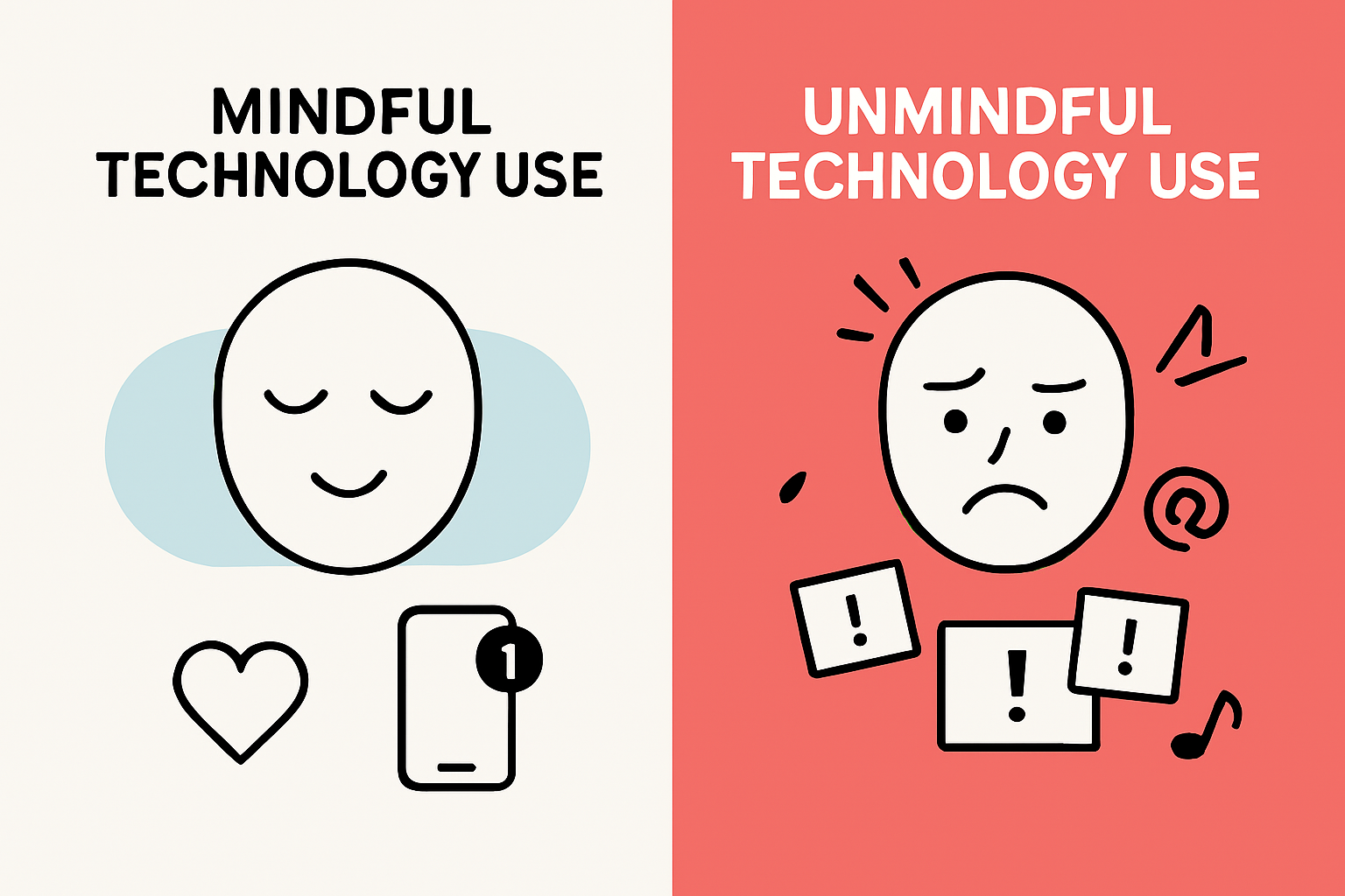 Infographic comparing mindful vs unmindful technology use with icons and facial expressions.