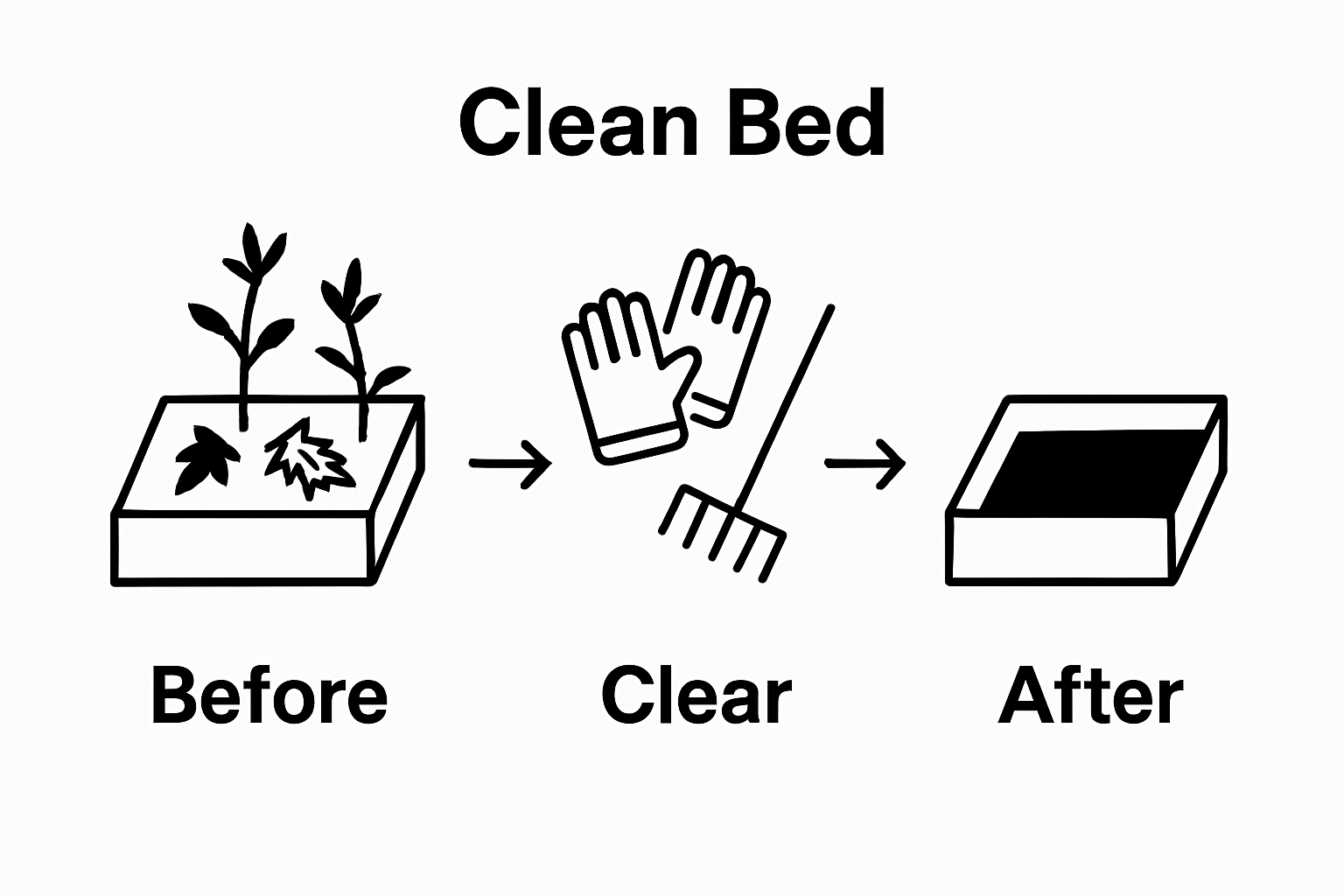Simple three-step graphic of clearing debris and weeds from a garden bed