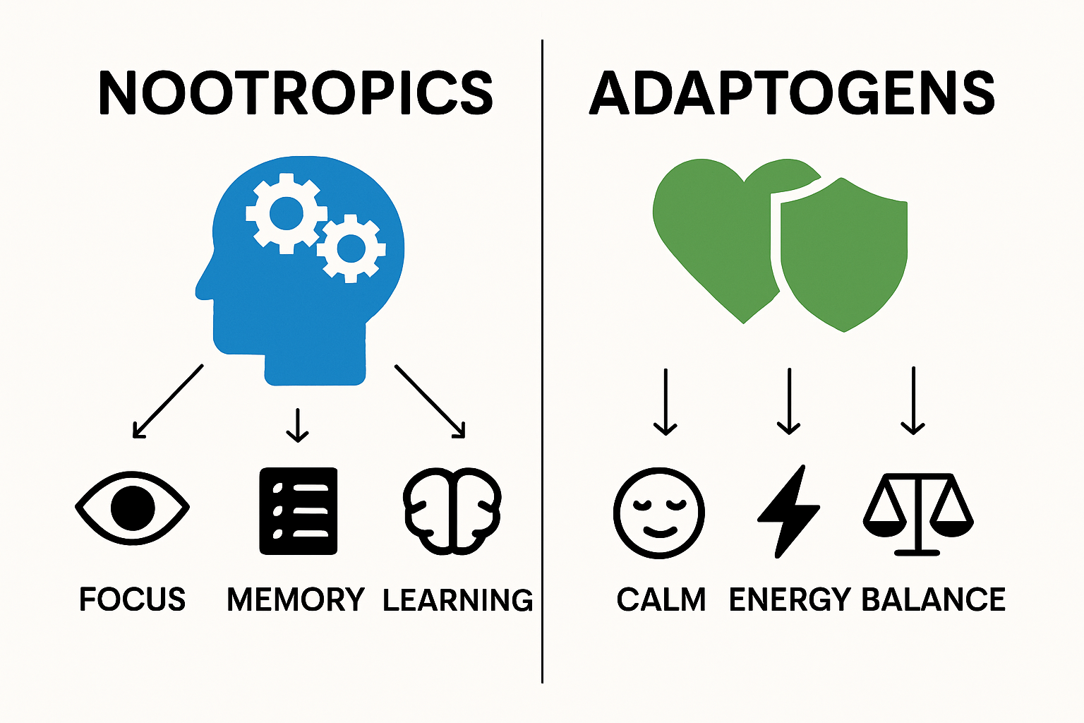 Simple infographic comparing nootropics and adaptogens effects
