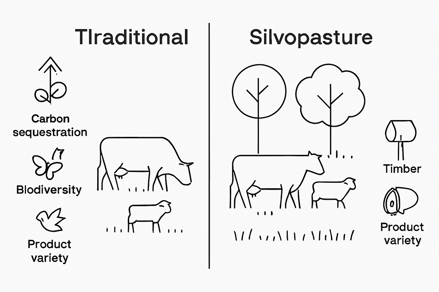 Infographic comparing silvopasture and traditional pasture systems