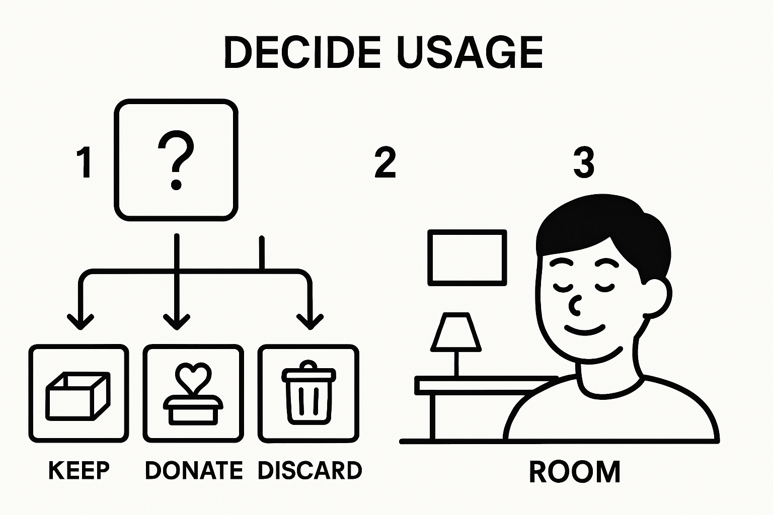 Visual workflow: decide, sort, declutter room