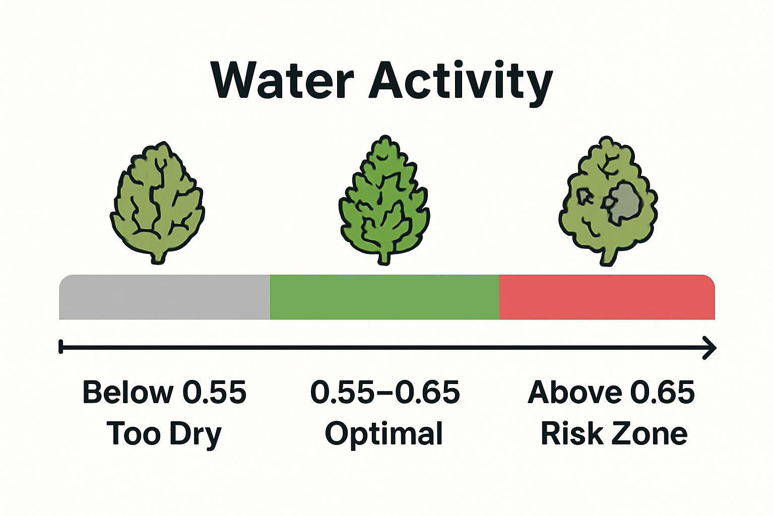 Infographic showing optimal water activity range for cannabis moisture control