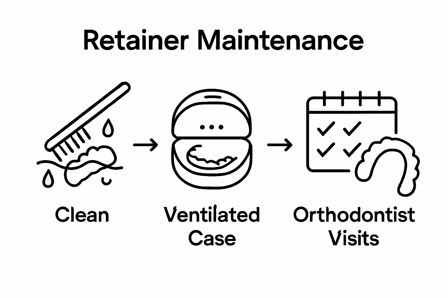 Visual retainer maintenance steps infographic: cleaning, storing, checkups