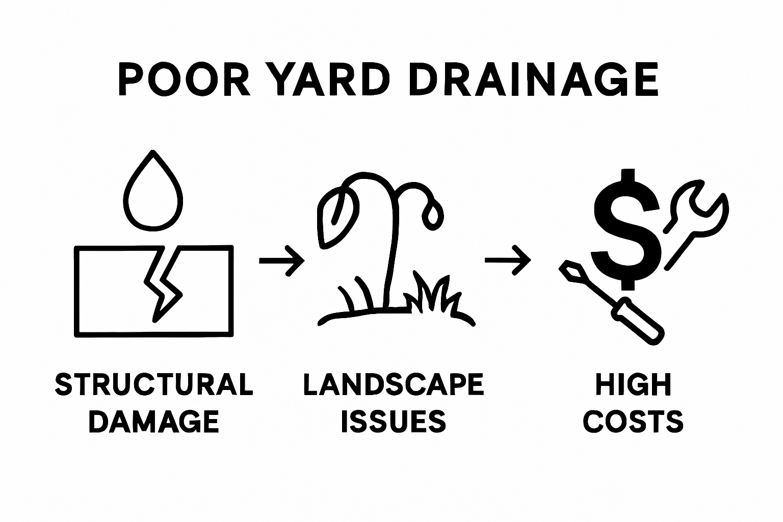 Simple infographic showing effects of poor yard drainage: foundation damage, landscape loss, and repair costs.