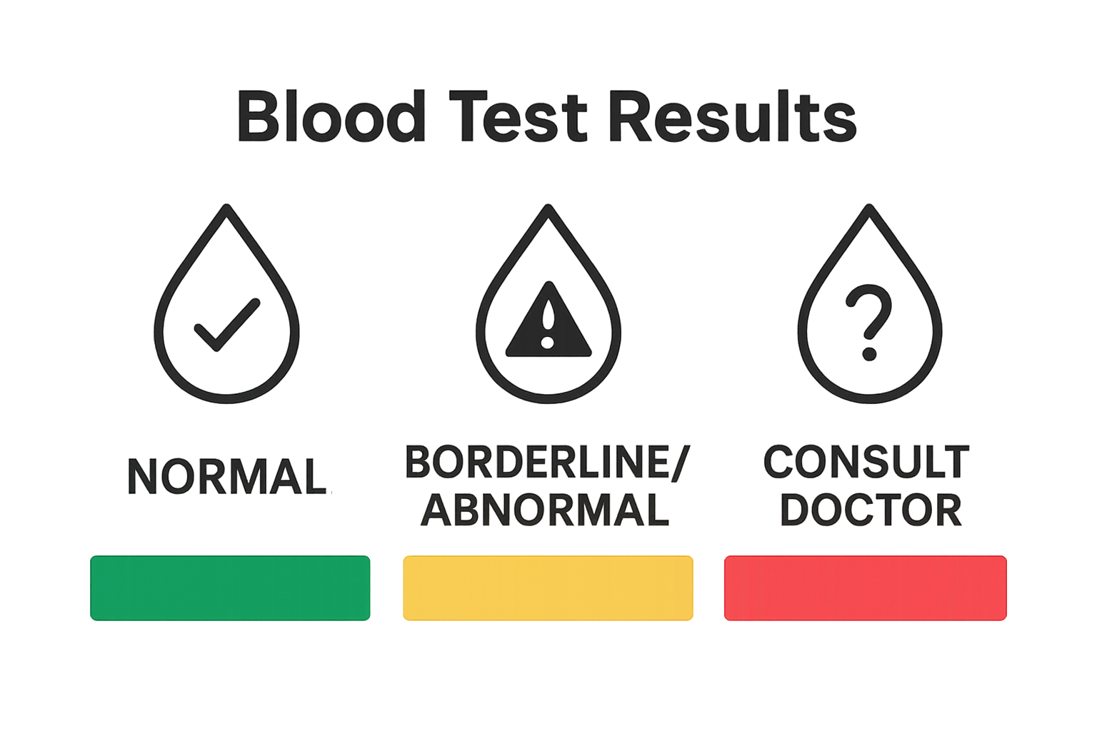 Three icons show color codes for blood test results: normal, borderline, and consult doctor