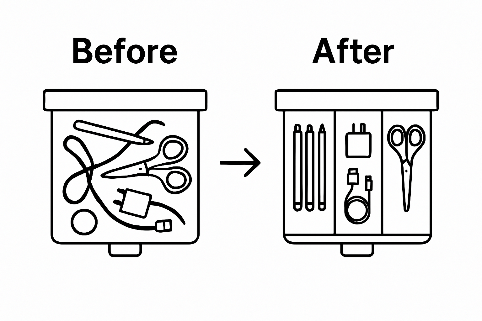Before and after comparison of junk drawer organization