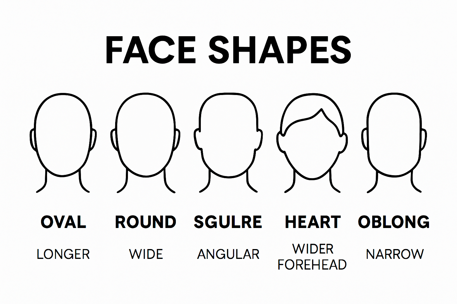 Visual chart of five face shapes: oval, round, square, heart, oblong