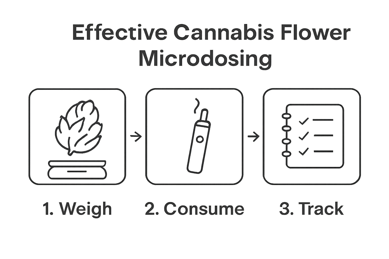 Infographic shows weigh, consume, and track steps of cannabis flower microdosing.