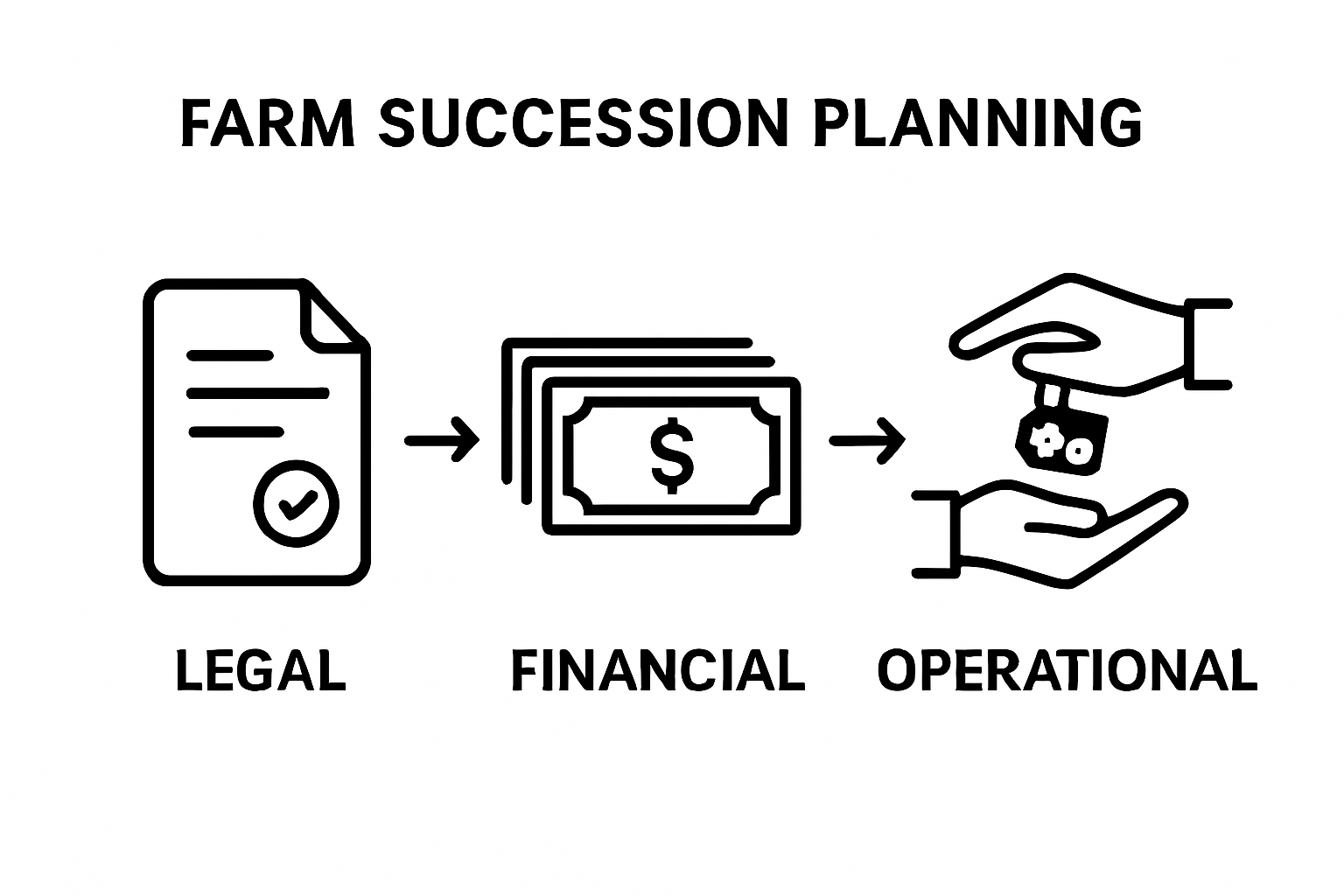 Icons for legal, financial, and operational transfer in farm succession