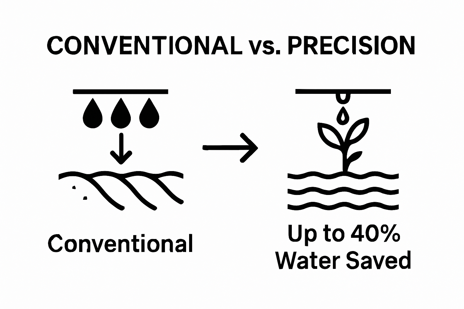 Infographic showing precision irrigation saves water compared to traditional methods