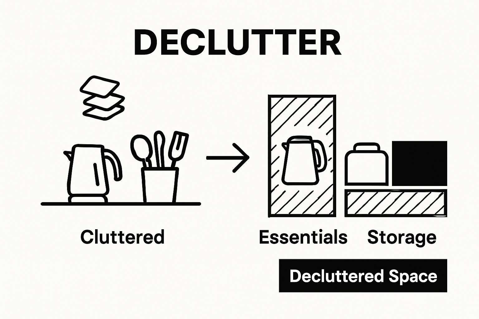 Before and after kitchen countertop organization graphic