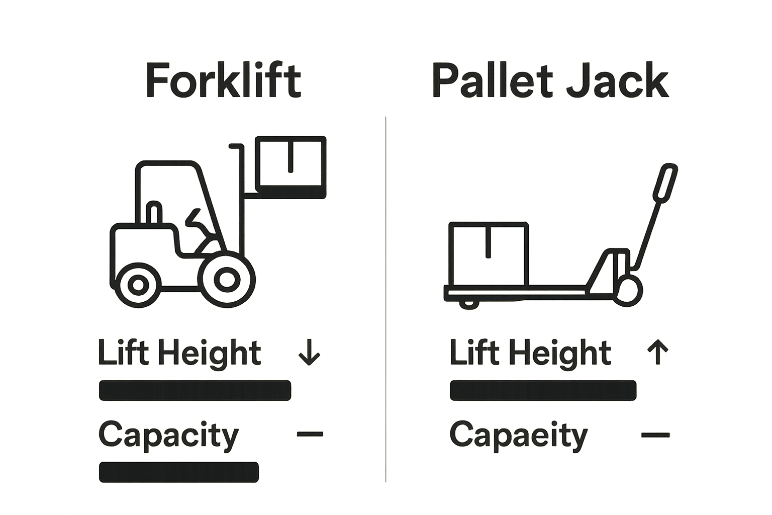Infographic comparing forklift and pallet jack capacities and heights