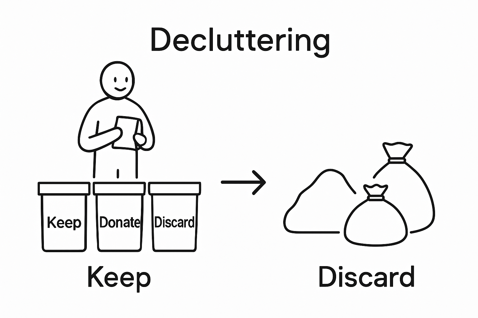 Infographic showing two-step decluttering: sorting into bins, then bags.