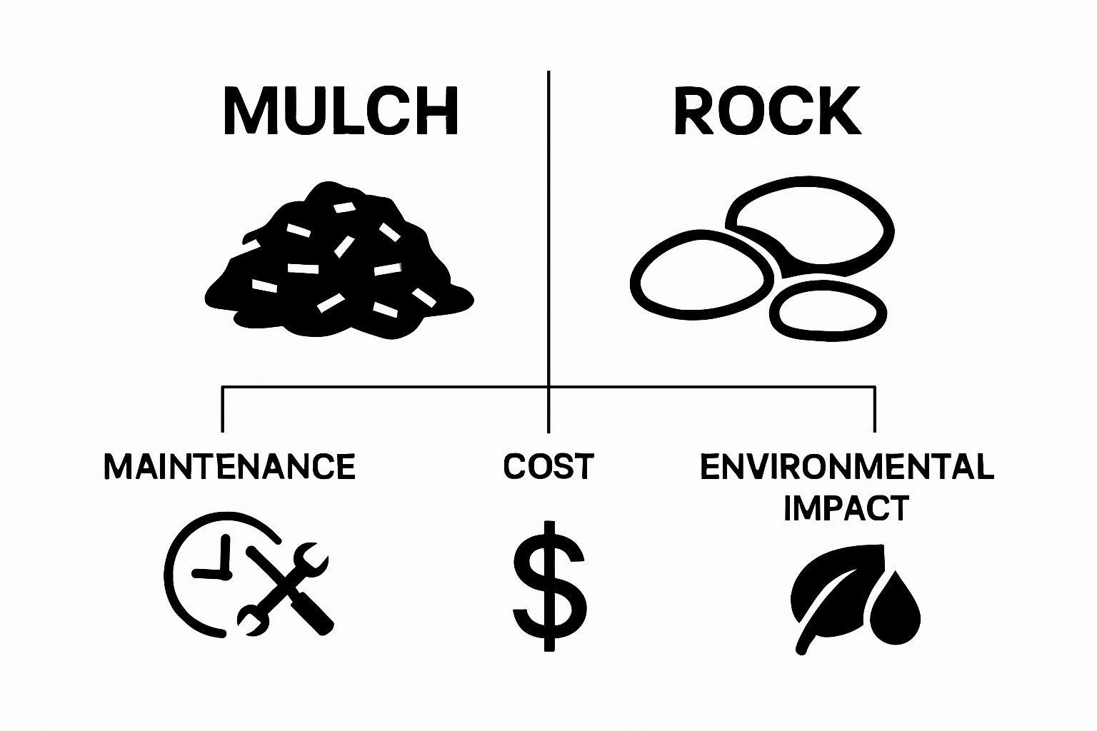 Infographic comparing mulch and rock by maintenance, cost, and environmental impact