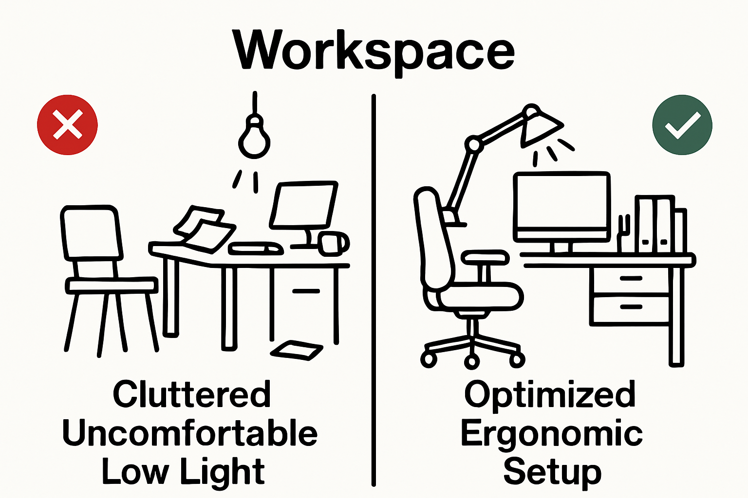 Infographic comparing poor home office setup to ergonomic workspace.