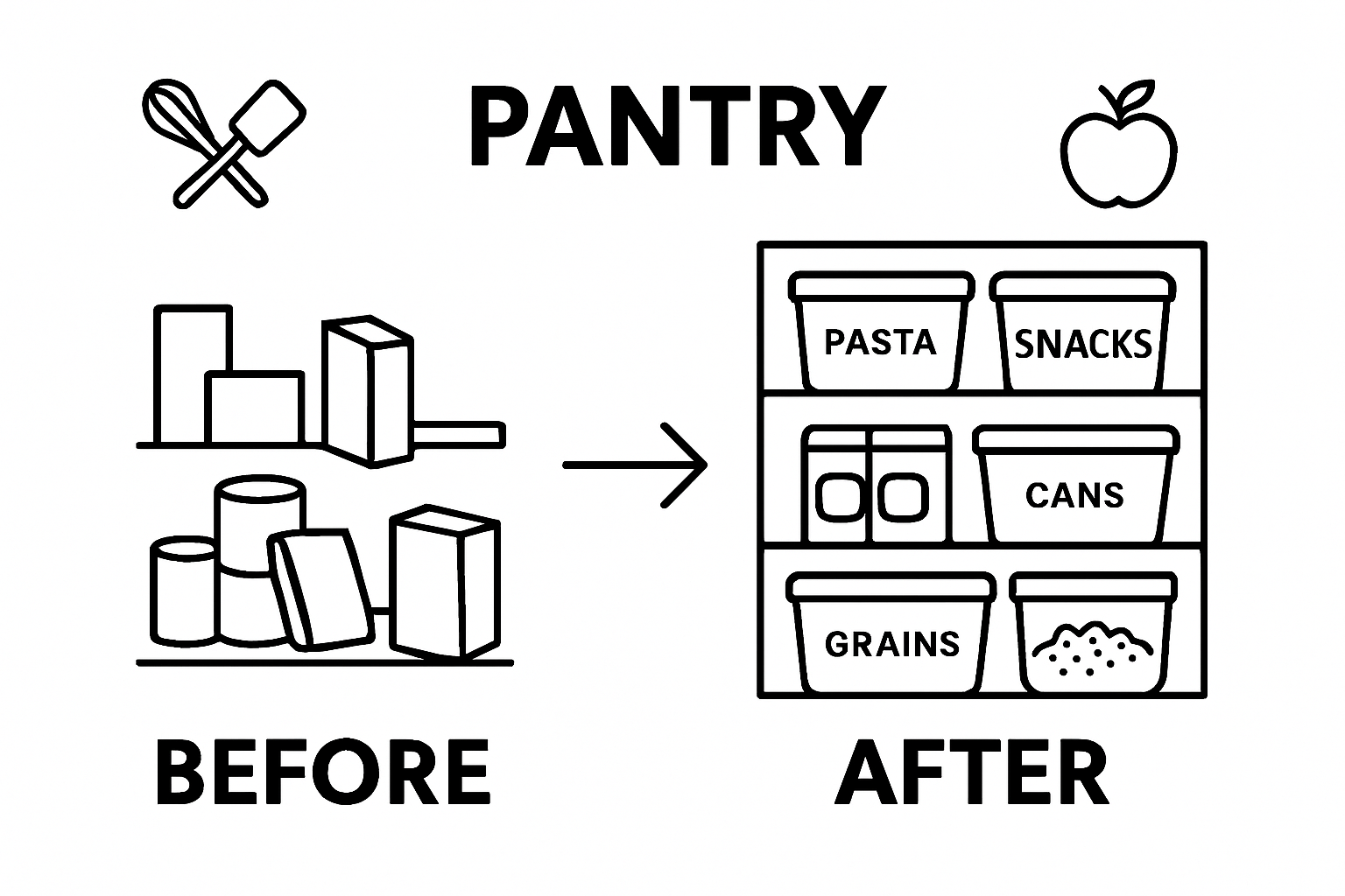 Before and after pantry organization comparison with color-coded bins