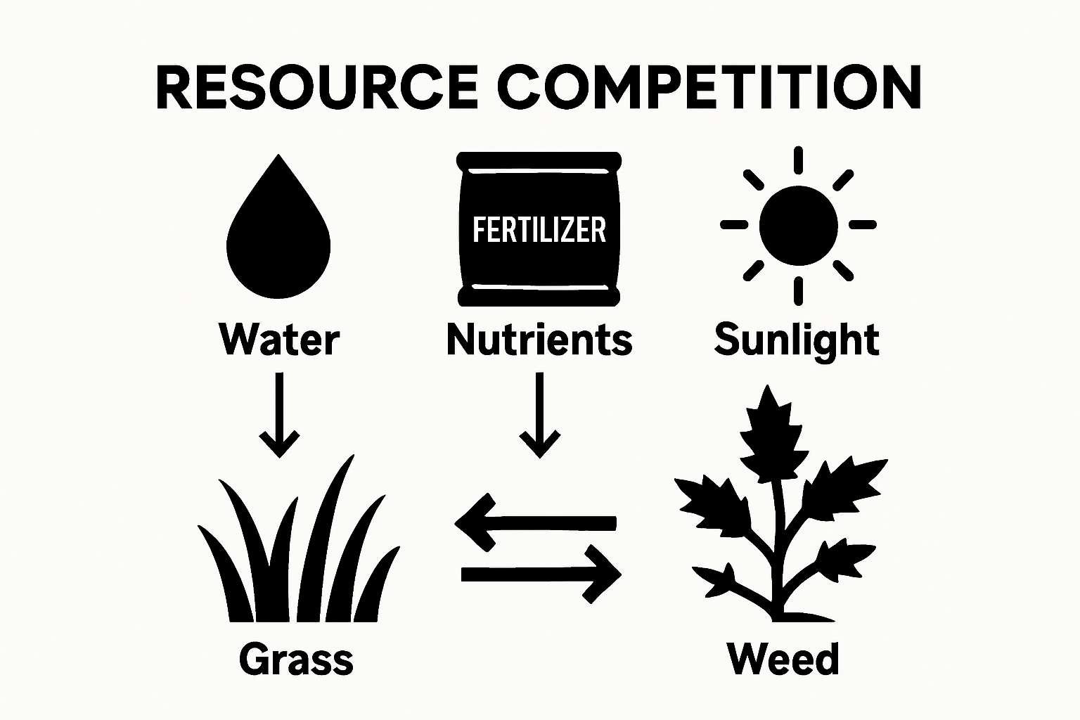 Infographic showing weeds and grass competing for sun, water, and nutrients