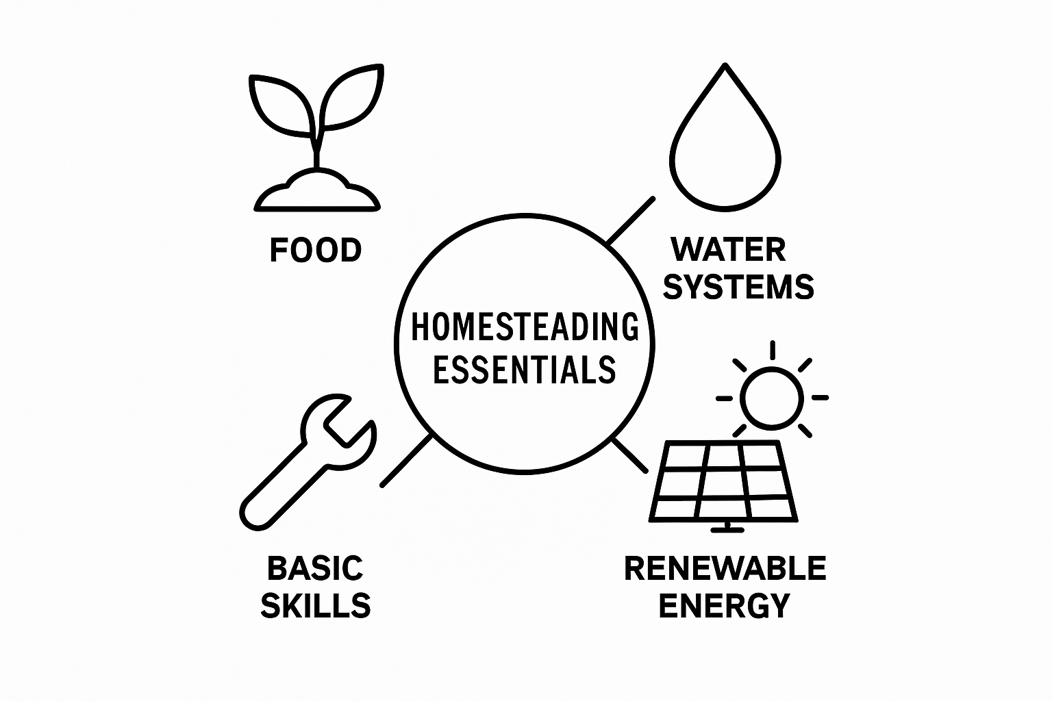 Infographic showing four core homesteading essentials: food, water, energy, and skills.
