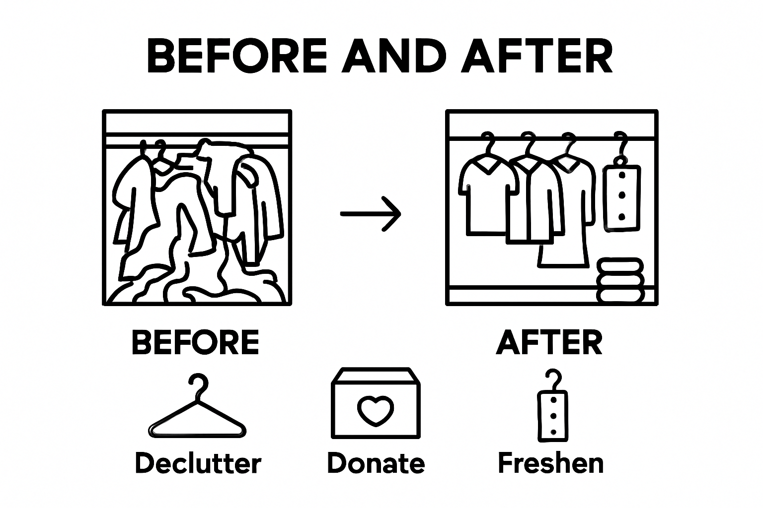 Before and after closet organization with decluttering and freshening steps