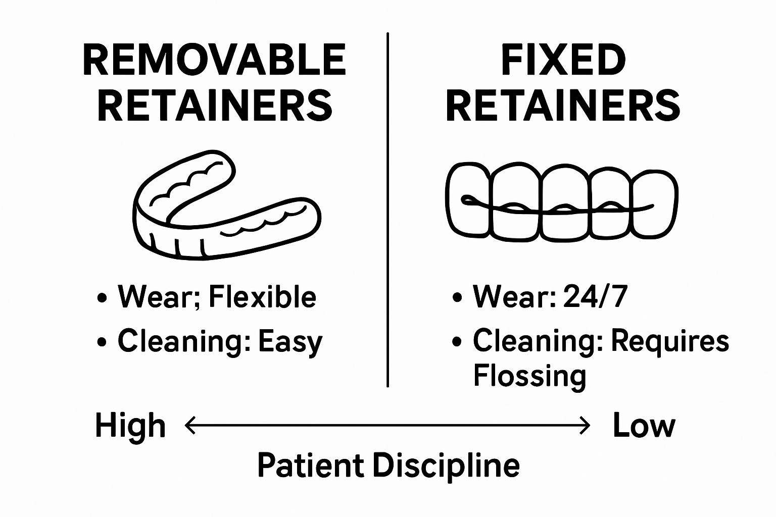 Infographic comparing removable vs. fixed retainers with icons and core features