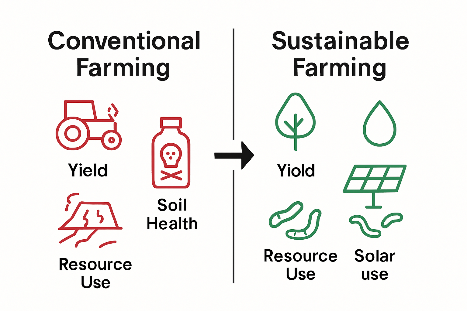 Infographic comparing conventional versus sustainable farming outcomes