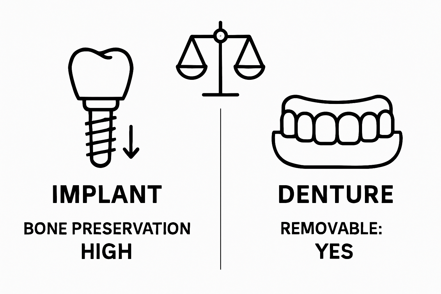 Visual comparison of dental implants and dentures