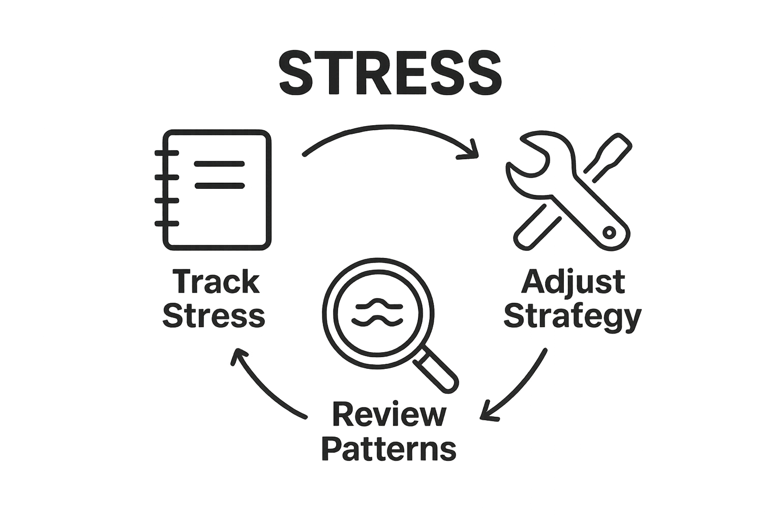 Infographic showing stress tracking, reviewing patterns, and adjusting strategies as a repeatable cycle.