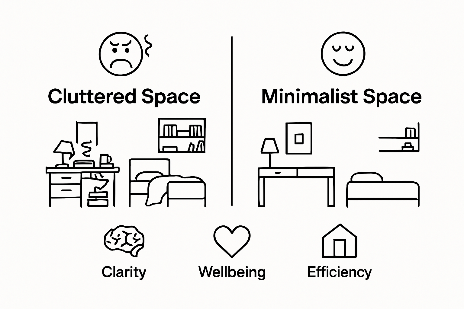 Visual comparison between cluttered room and organized minimalist room with icons for clarity, wellbeing, and efficiency.