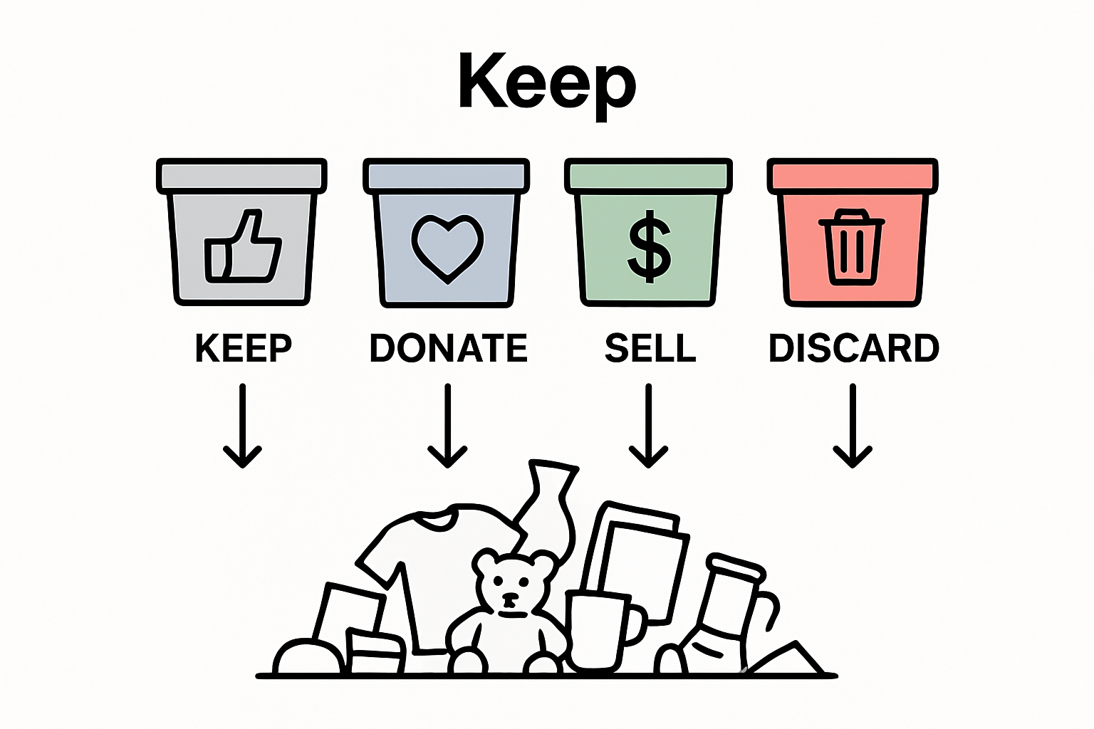 Infographic showing four bins labeled Keep, Donate, Sell, Discard for decluttering.