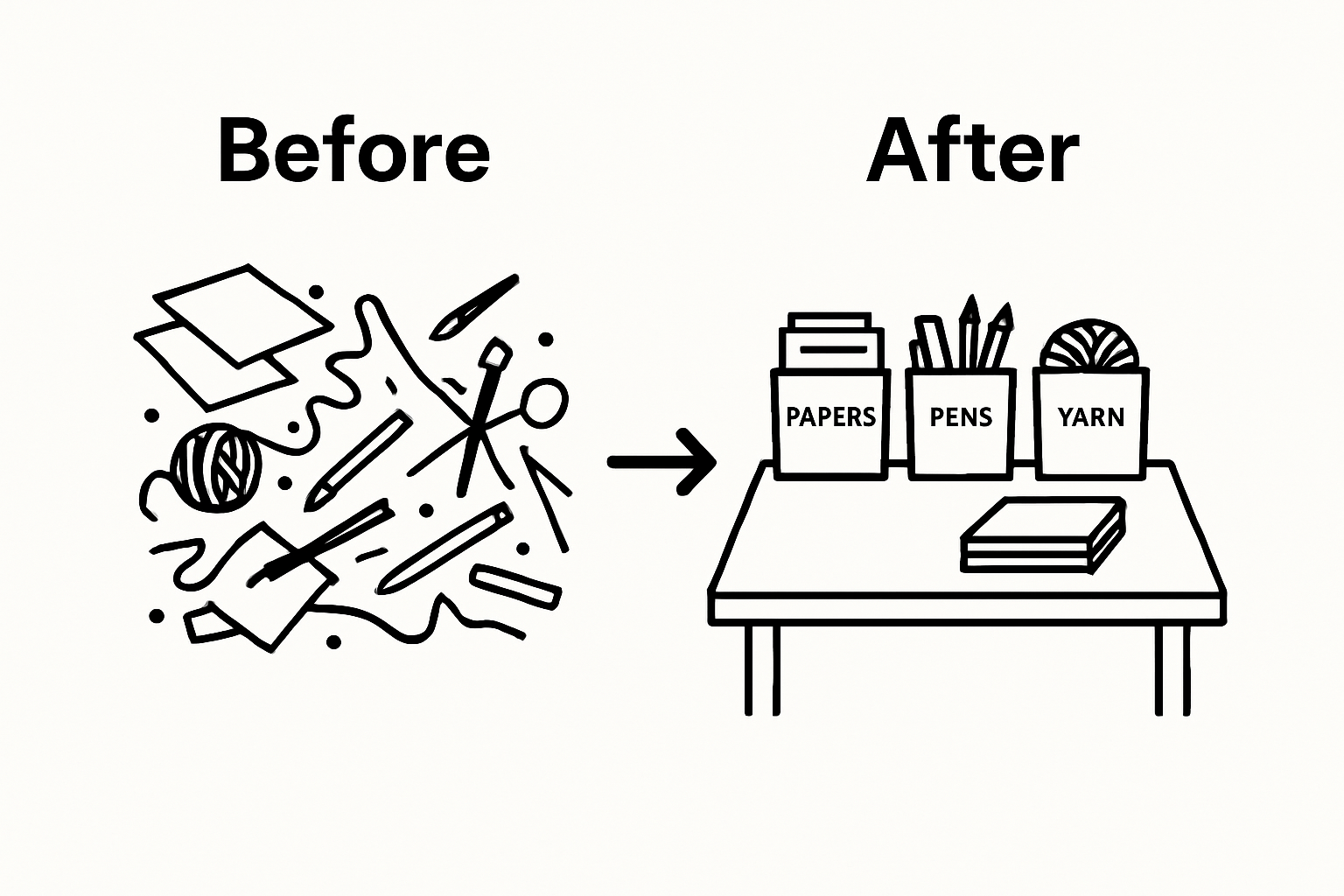 Side-by-side before and after craft supply organization infographic