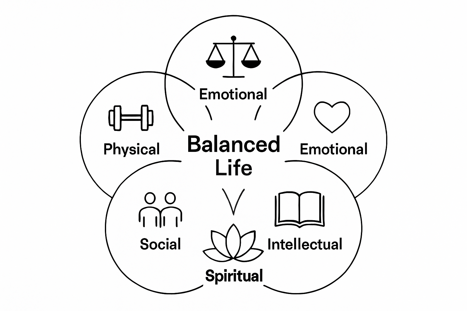 Five key areas of holistic wellness illustrated as overlapping icons